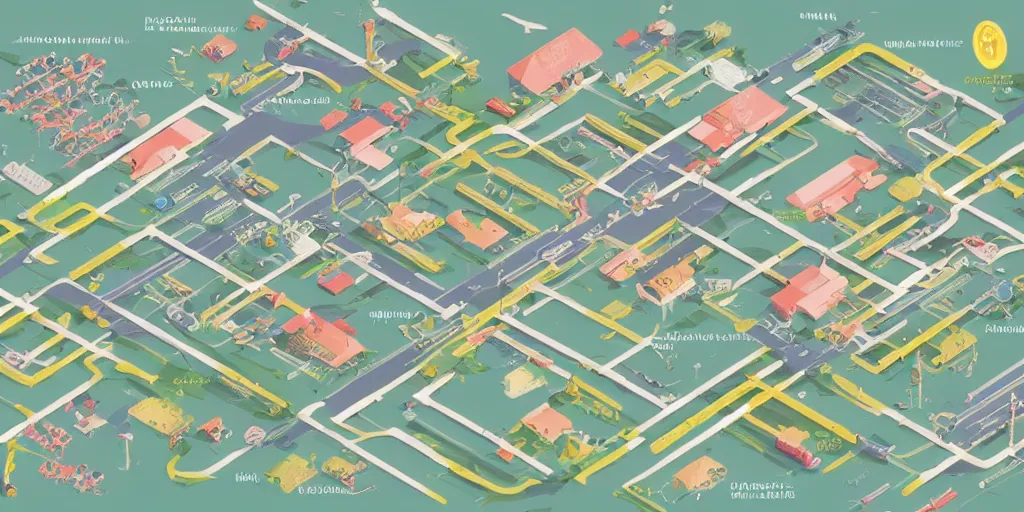 Prompt: getting ready for work map axonometric pastel infographic by Wes Anderson