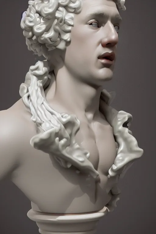 Image similar to a beautiful porcelain Baroque style bust of handsome young Spanish man with colored pipecleaners coming out of the neck suspended in space, photorealism, octane render, depth of field, 8k, 35mm, artgem, Trending on artstation