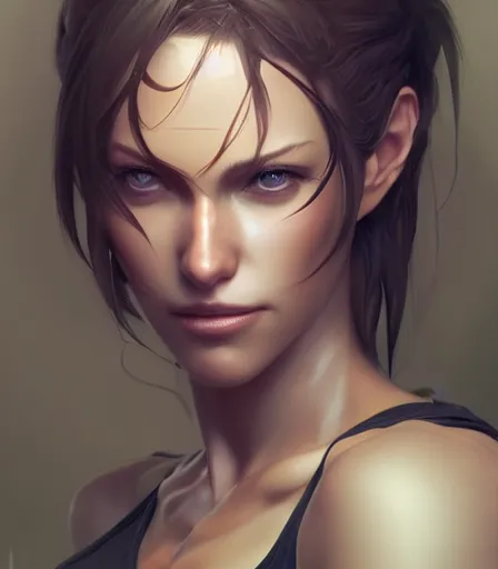 Image similar to beautiful portrait of a gorgeous personal trainer who looks like Quiet Metal gear solid , character design by charlie bowater, ross tran, artgerm, and makoto shinkai, detailed, soft lighting, rendered in octane