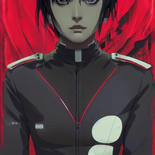 Image similar to manga girl in a black security uniform with red details, fine - face, margot robbie, realistic shaded perfect face, fine details. anime. realistic shaded lighting poster by ilya kuvshinov katsuhiro otomo ghost - in - the - shell, magali villeneuve, artgerm, jeremy lipkin and michael garmash and rob rey