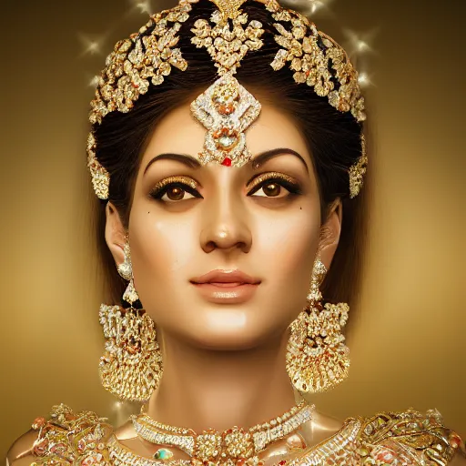 Image similar to portrait of wonderful hindi princess of white diamonds with fair skin, white flowers, ornate with white diamonds, 8 k, gorgeous, intricate, detailed, glowing white accent lighting, dramatic lighting, octane render