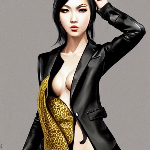 Image similar to yakuza slim girl, gold suit jacket in snake print, jacket over bare torso, yakuza tattoo on body, black short curtain haircut, black leather pants with black belt, elegant, 2d, ultra highly detailed, digital painting, smooth, sharp focus, artstation, art by artgerm, rossdraws