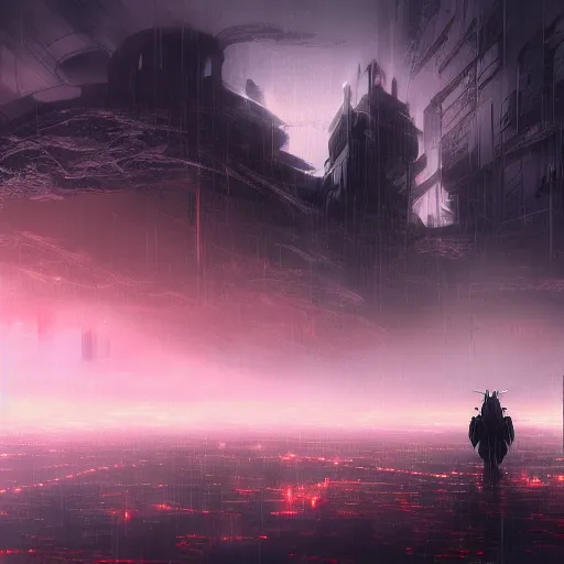Prompt: a large creature in the fog covering a city. rain storm. in anime style, dark color. explosions, ultra wide angle, panoramic, fish eye, colorfull painting, centered, front, horizont, outline, stars, gundam, mech, detailed, art by stephan martiniere, 4 k resolution