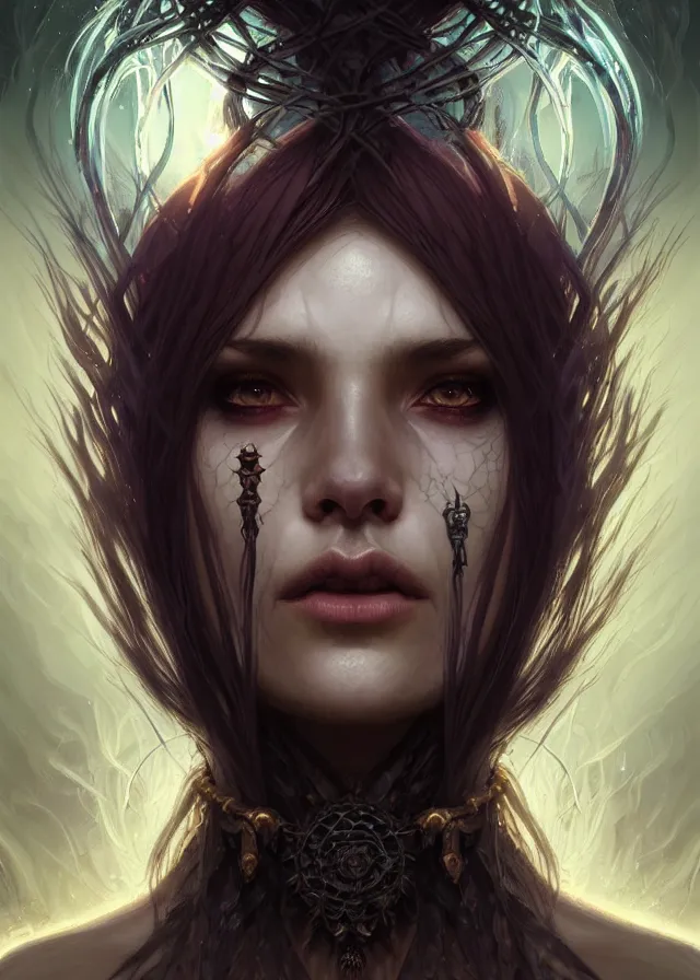 Image similar to Necromancer Sorceress face close-up macro in center, fantasy magic, undercut hairstyle, dark light night, intricate, elegant, sharp focus, illustration, highly detailed, digital painting, concept art, matte, art by WLOP and Artgerm and Greg Rutkowski and Alphonse Mucha, masterpiece