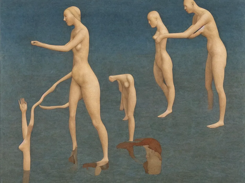 Image similar to Woman transforming into a river sculpted by Henri Moore. Painting by Piero della Francesca, Alex Colville