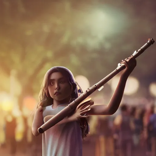 Image similar to a girl playing the flute while a crowd holds hands cinematic, hyper realism, octane render, 8 k, depth of field, bokeh.