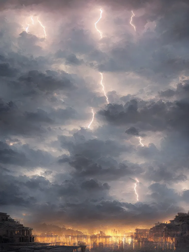 Prompt: epic scenery ancient city of troy under a sky full of lightning, intricate, elegant, volumetric lighting, digital painting, highly detailed, artstation, sharp focus, illustration, concept art, ruan jia, steve mccurry