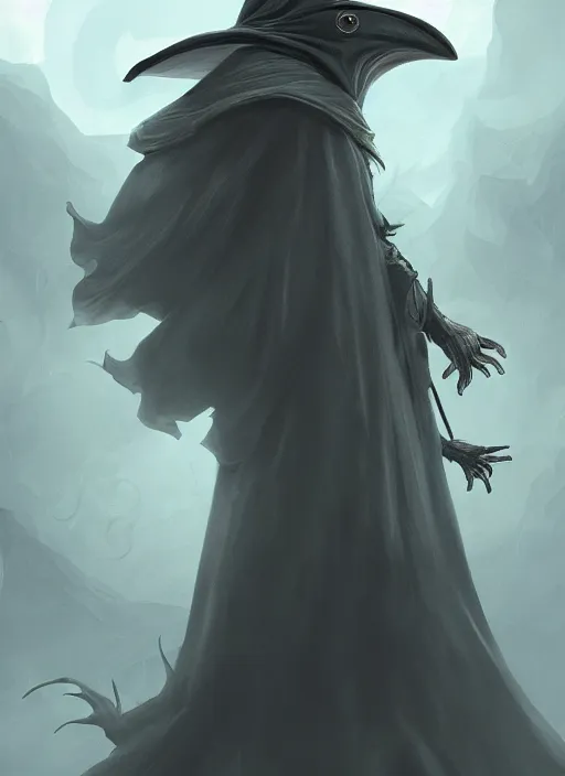 Prompt: a highly detailed illustration of plague doctor mask wearing woman, eerily floating with cape in the wind pose, surrounded by green mist, intricate, elegant, highly detailed, centered, digital painting, artstation, concept art, smooth, sharp focus, league of legends concept art, WLOP