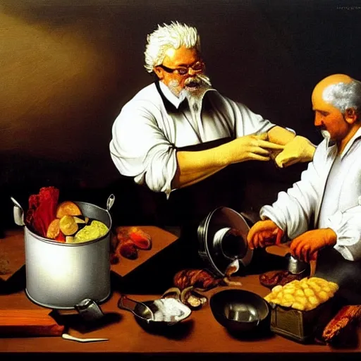 Prompt: Colonel Sanders mixes ingredients in a metal pot. Painted by Caravaggio, high detail