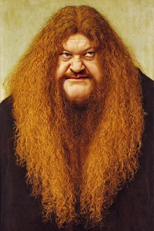 Prompt: portrait of hagrid, oil painting by jan van eyck, northern renaissance art, oil on canvas, wet - on - wet technique, realistic, expressive emotions, intricate textures, illusionistic detail