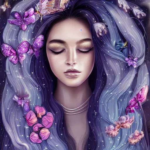 Prompt: beautiful, young woman, detailed gorgeous face, sad eyes, with stars, planets, universe, in her hair, vaporwave aesthetic, synthwave long luxurious gown made out of pearls, hair was done up with flowers and ribbons, digital art, flowers, butterflies, birds, painting, artstation, concept art, smooth, sharp focus, high definition, illustration, art by artgerm and greg rutkowski and alphonse mucha