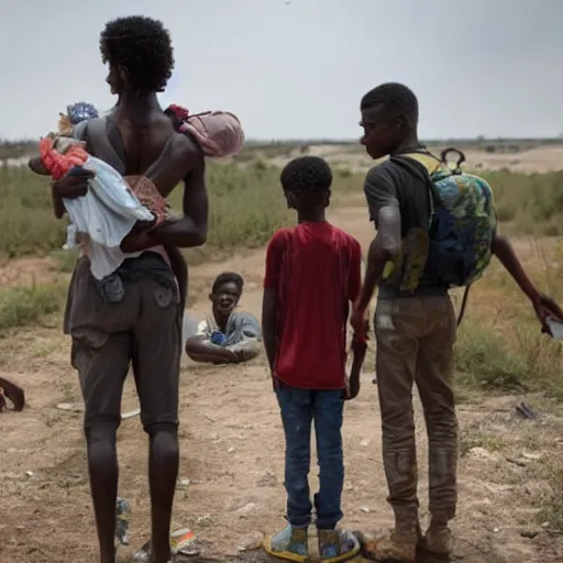 Image similar to Realistic cinematic views of a migrant crisis created through climate change