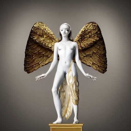 Image similar to a statue made of white marble with gold veins, of an beautiful gorgeous angel girl, full body shot, perfect symmetrical body, perfect symmetrical face, no eyes, hyper realistic, hyper detailed, fujicolor superia 1 6 0 0 photo, by johannen voss, by peter kemp, by monia merlo, by michelangelo octane render, blender, 8 k