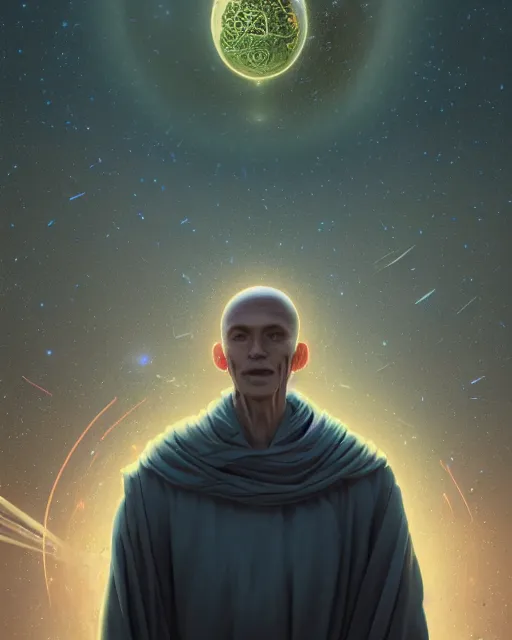 Image similar to highly detailed surreal vfx portrait of a futuristic monk in a rural farm with planets in background, stephen bliss, unreal engine, greg rutkowski, loish, rhads, beeple, makoto shinkai and lois van baarle, ilya kuvshinov, rossdraws, tom bagshaw, alphonse mucha, global illumination, detailed and intricate environment