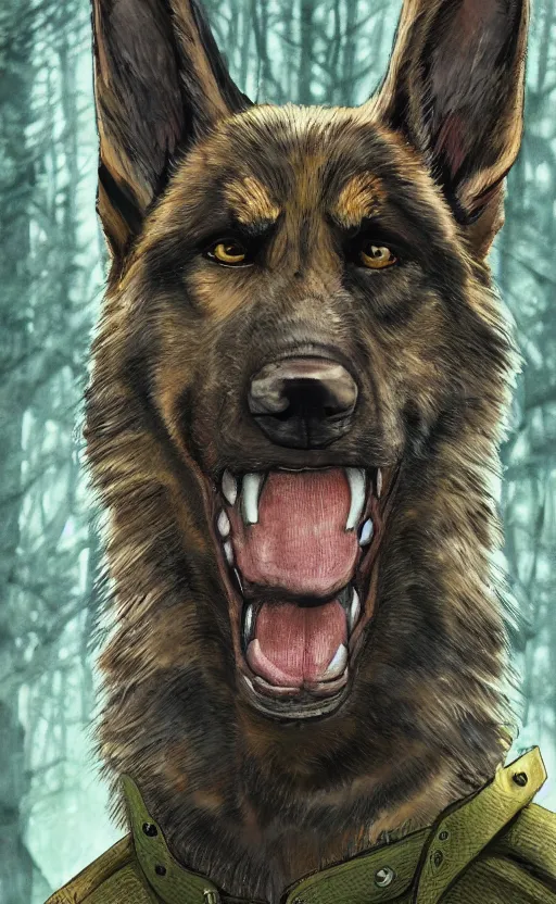 Image similar to close up character portrait icon of the german shepard beast - man military uniform head animal person wearing clothes standing in the bright forest, hidari, color page, tankoban, 4 k, tone mapping, akihiko yoshida