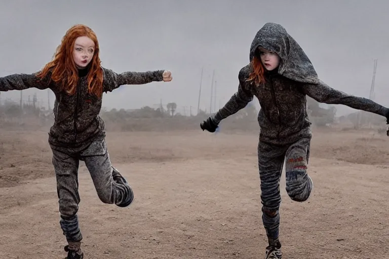 Image similar to sadie sink in a hoodie : running pose. cyborg behind : running pose. dirt, fantasy, soviet dystopian art by ayami kojima, vasnetsov, cedric peyravernay