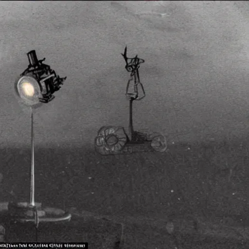 Image similar to three-legged robot from the story War of the Worlds by Herbert Wales, rises above the foggy city at night and shines searchlights on the ground in search of people, realism,