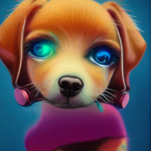 Image similar to Highly detailed pastel painting of a chibi puppy, detailed cyberpunk glitchcore synthwave art, trending on ArtStation