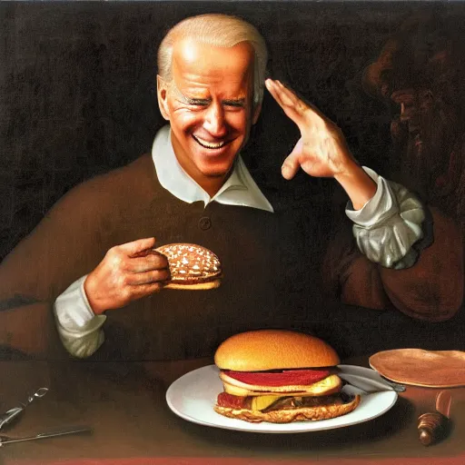 Image similar to joe biden eating a hamburger by da vinci, 4 k