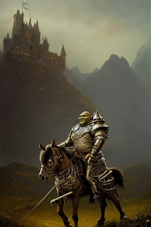 Prompt: full length portrait of shrek wearing ornate silver armour with gold accents covered in jewels, epic landscape with mountains and castle in background, dark and moody by carl spitzweg, ismail inceoglu, vdragan bibin, hans thoma, greg rutkowski, alexandros pyromallis, perfect face, fine details, realistic shaded