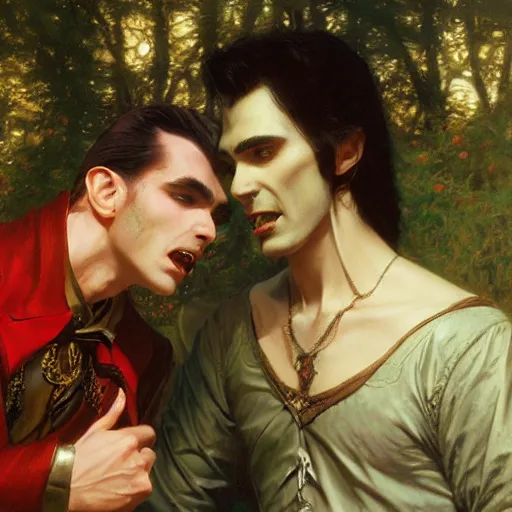 Image similar to attractive male fairy of the forest confesses his love to attractive male dracula the vampire. highly detailed painting by gaston bussiere, craig mullins, j. c. leyendecker 8 k