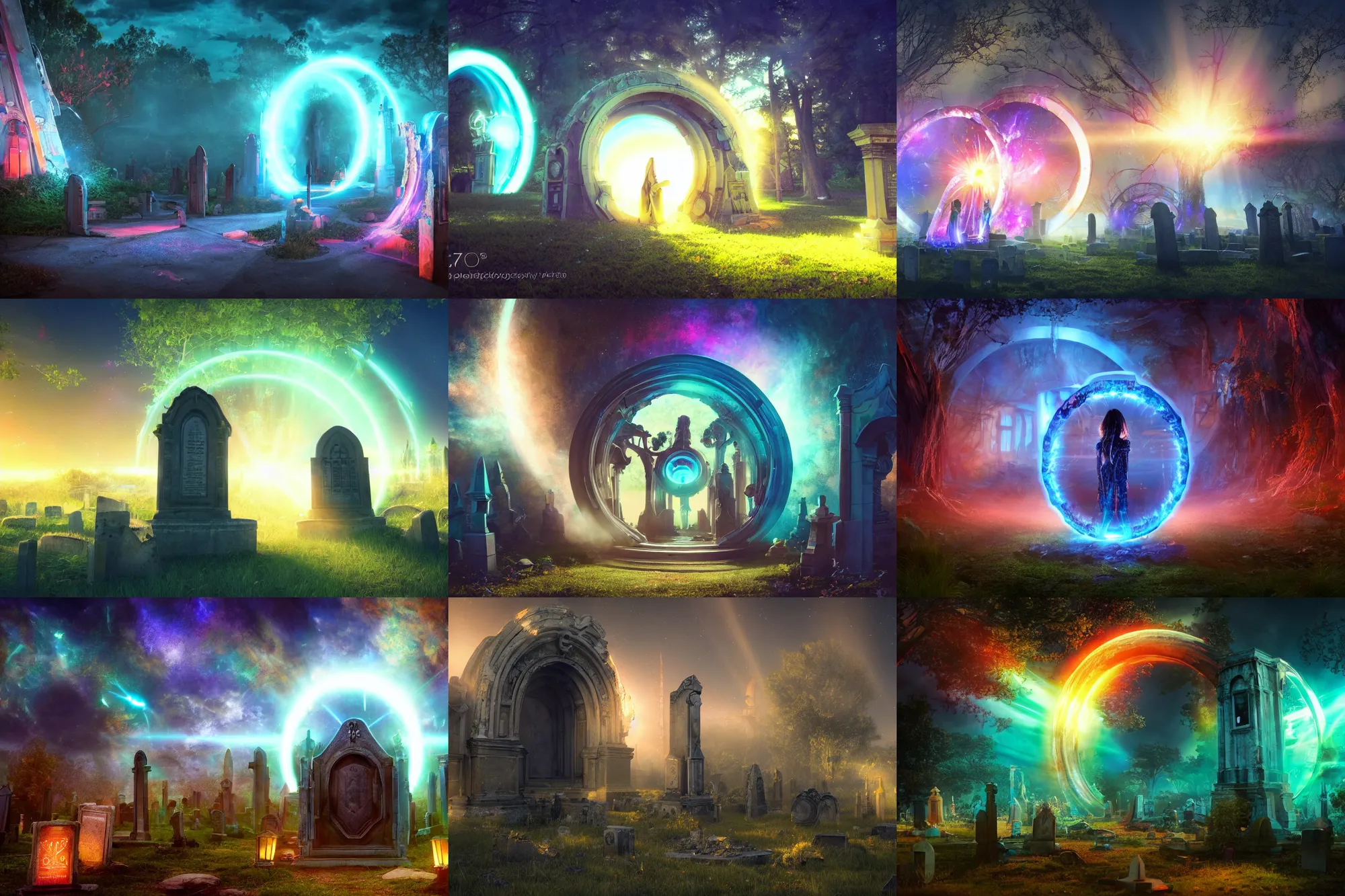 Prompt: photograph of a scifi portal portal to bright heaven in a graveyard graveyard, cinematic, tyndall effect, sunlight, god rays, hypermaximalist, detailed, landscape 4k, 8k, breathtaking stars, surrealism, distant, concept art, digital art, sharp focus, mystic hues, acid pixie, RTX, octane render, Trending on DeviantArt