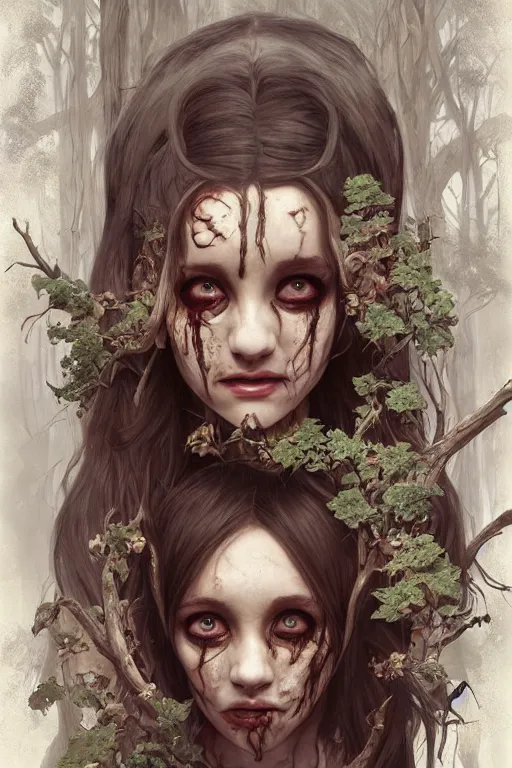 Image similar to scared cottagecore zombie Ariana Grande , rotten flesh & corpses, creepy forest, intricate, elegant, highly detailed, digital painting, artstation, concept art, smooth, sharp, focus, illustration, art by artgerm and greg rutkowski and alphonse mucha