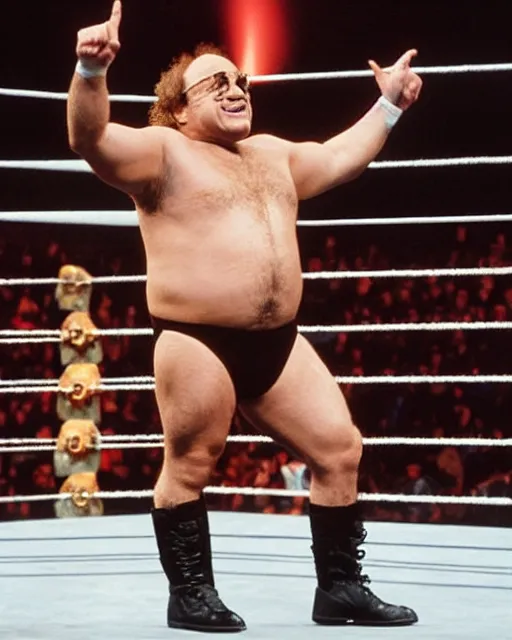 Prompt: danny devito as a wwe wrestler. photographic, photography