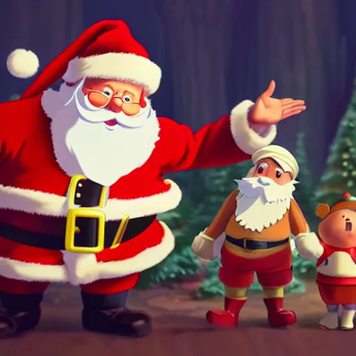 Prompt: a wholesome animation key shot of santa claus giving presents, medium shot, studio ghibli, pixar and disney animation, sharp, very detailed, high resolution, rendered in unreal engine 5, anime key art by greg rutkowski, bloom, dramatic lighting