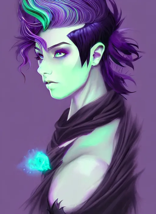 Image similar to side portrait dark witch, adventurer outfit large cloak, fantasy forest landscape, dragon scales, fantasy magic, undercut hairstyle, short purple black fade hair!!!!!!, dark light night, intricate, elegant, sharp focus, illustration, highly detailed!!!!!!!, digital painting, concept art, green neon smoke, matte painting, art by WLOP and Artgerm and Greg Rutkowski and Alphonse Mucha, masterpiece