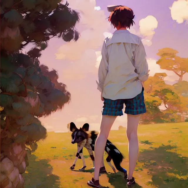 Image similar to a female character inspired by an african wild dog, flannel shirt and shorts, short hair, basic background, krenz cushart, mucha, ghibli, by joaquin sorolla rhads leyendecker, by ohara koson