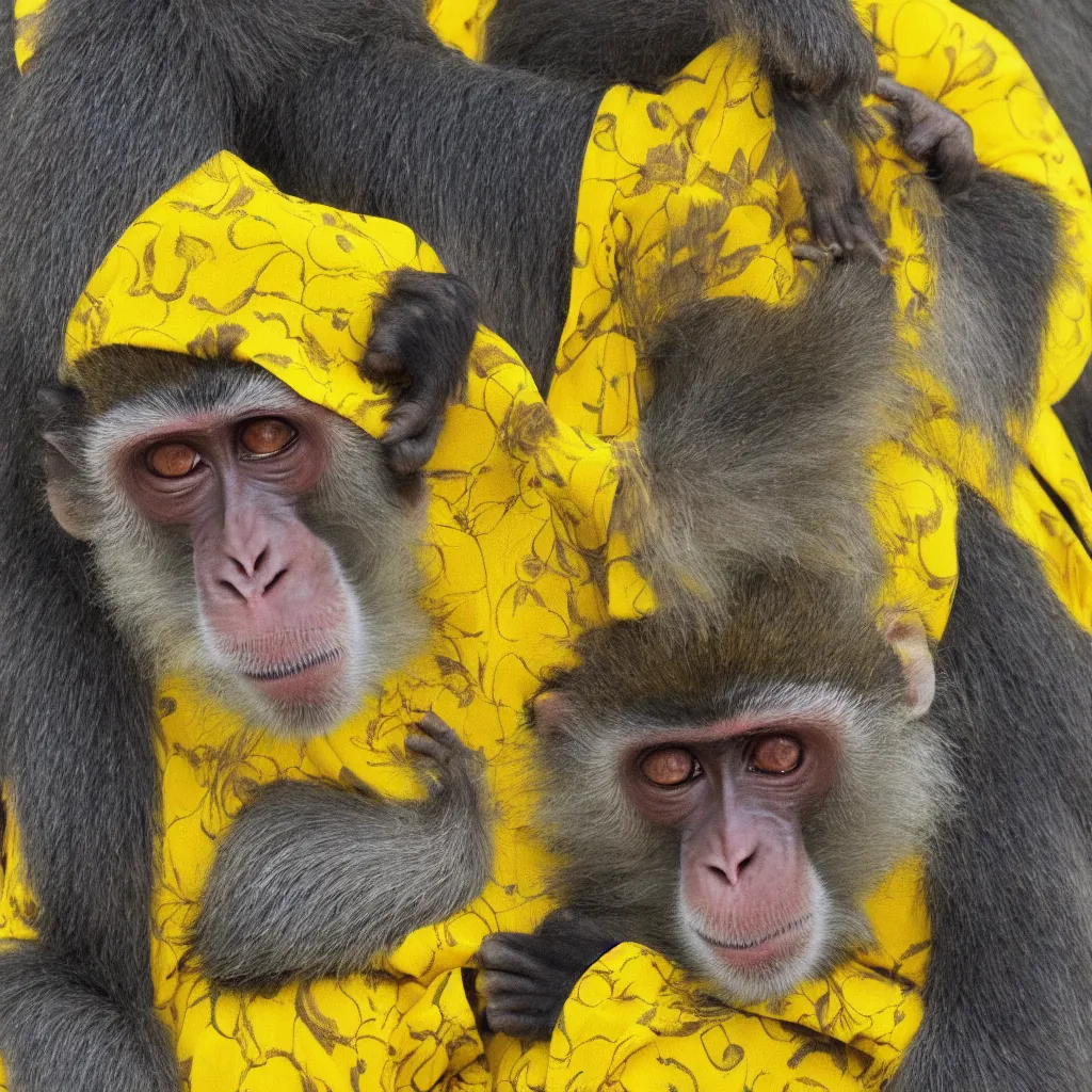 Image similar to a monkey wearing a yellow kimono, 8 k