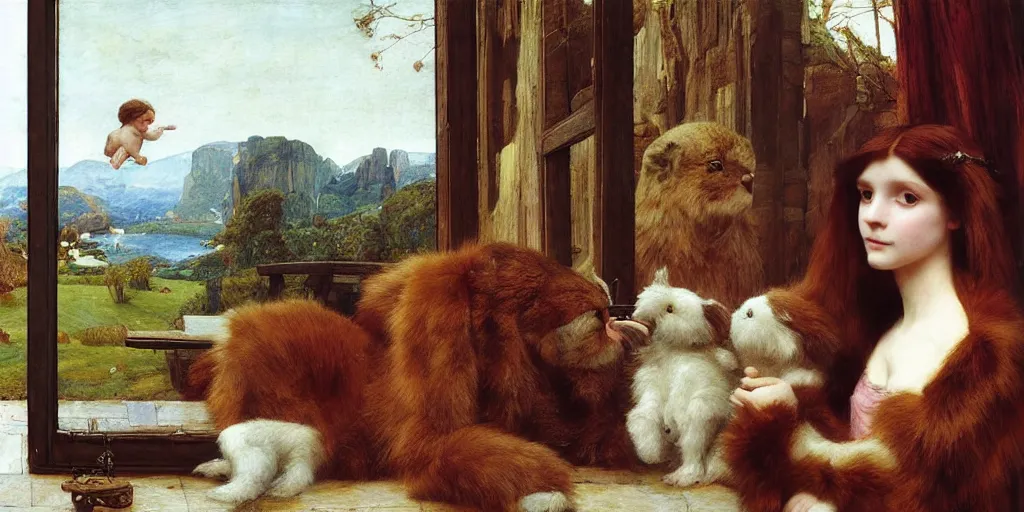 Prompt: 3 d precious moments plush animal, realistic fur, at the window, master painter and art style of john william waterhouse and caspar david friedrich and philipp otto runge