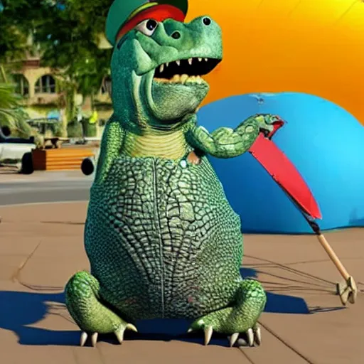 Image similar to a crocodile dressed as a tourist, pixar movie still