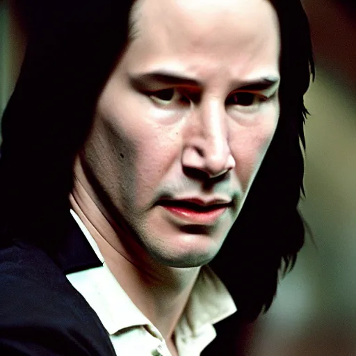 Image similar to Film Still of a Young Keanu Reeves playing a Young Severus Snape in Harry Potter, Film Still, realistic, hyperrealistic, very realistic, very very realistic, highly detailed, very detailed, extremely detailed, detailed, detailed face, very detailed face, very detailed face, realism, HD Quality, 8k resolution, intricate details, body and head in frame, Real Life