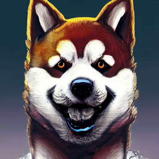 Image similar to color head portrait of shiba inu as a zombie, 7 days to die zombie, gritty background, fine art, award winning, intricate, elegant, sharp focus, cinematic lighting, digital painting, 8 k concept art, art by michael hussar, art by brom, art by guweiz and z. w. gu, 8 k