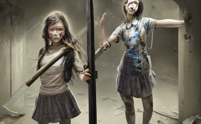 Image similar to School girl holding a katana and standing on an abandoned hospital room,horror sccene, hyperrealistic mixed media, stunning 3d render inspired art by P. Craig Russell and Barry Windsor-Smith + perfect facial symmetry + dim volumetric lighting, 8k octane beautifully detailed render, post-processing, extremely hyperdetailed, intricate futuristic mechanic parts, epic composition, grim yet sparkling atmosphere, cinematic lighting + masterpiece, trending on artstation