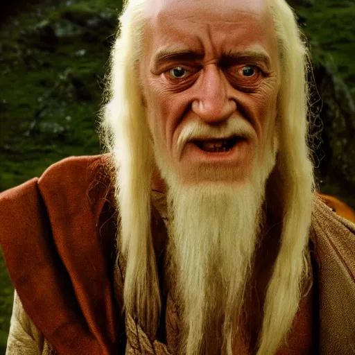 Prompt: jimmy saville as saruman in lord of the rings, movie still, cinematic lighting, dramatic, octane render, long lens, shallow depth of field, bokeh, anamorphic lens flare, 8 k, hyper detailed, 3 5 mm film grain