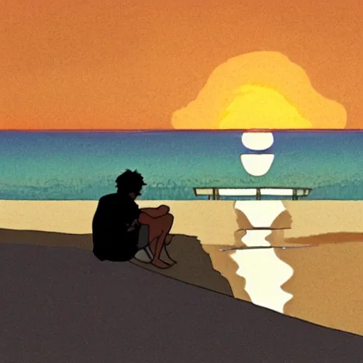 Prompt: a man sitting by the beach watching the sunset, by Studio Ghibli