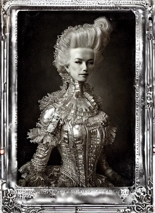 Image similar to old wetplate daguerreotype frame portrait of a futuristic silver armored marie antoinette cyborg, fractal, intricate, elegant, highly detailed, subsurface scattering, by jheronimus bosch and greg rutkowski and louis jacques mande daguerre