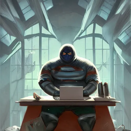 Image similar to a insanely detailed painting of a fat masked superhero wearing a costume sitting at a desk, staring at the nervously at the computer typing, in the style of peter mohrbacher, dramatic lighting and composition, trending on artstation, concept art, comic book