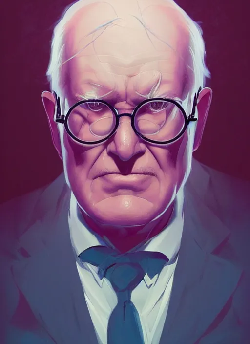 Prompt: portrait of an old carl gustav jung with round glasses, epic lighting, in the style of artgerm and charlie bowater and atey ghailan and mike mignola, vibrant colors and hard shadows and strong rim light, comic cover art, plain background, trending on artstation