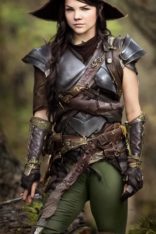 Image similar to fantasy character photo. female ranger. danielle campbell. facial expression of manic obsessive love. tall, lanky, athletic, wiry. brown dark forestgreen leather armor. little feathered hat, lightgreen, jauntily angled. black hair in ponytail. bright blue eyes. leaning against the exterior wall of a tavern