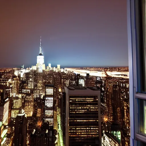 Image similar to view of NYC from luxurious penthouse window, nighttime photography