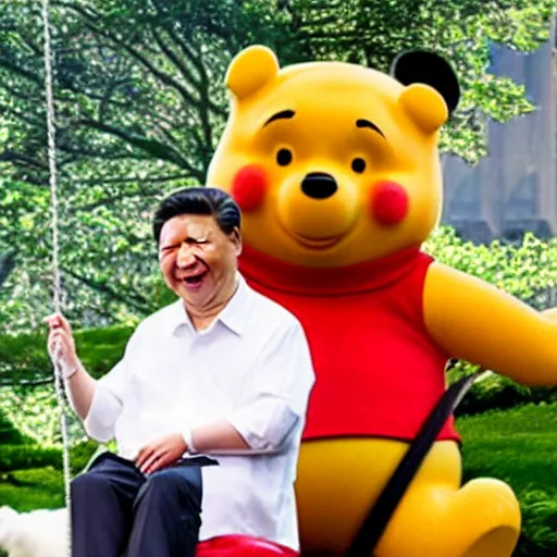 Image similar to xi jinping pushing winnie the pooh sitting on a swing