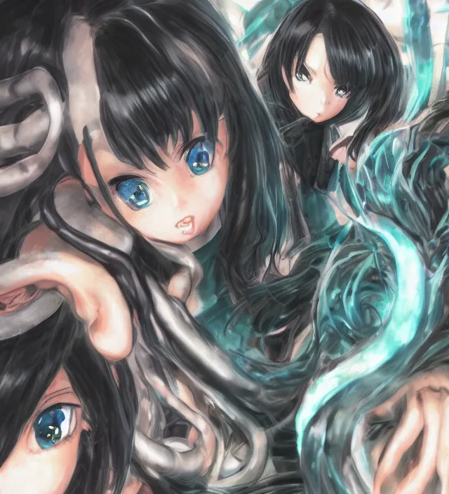 Image similar to hd 3 d rendered anime game portrait of a cute young schoolgirl complicated tentacle monster demons future downtown in ishikawa ken miura kentaro gantz devilman frank miller jim lee alex ross style detailed trending award winning on flickr pixiv artstation