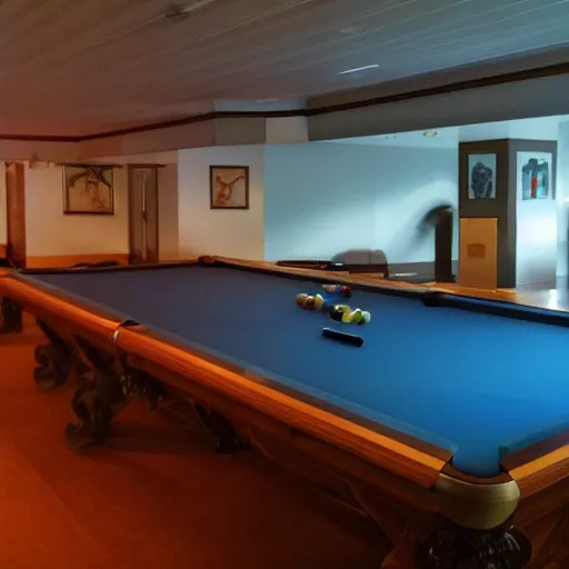 Prompt: dark poolroom liminal space, liminal photography, bad lighting,