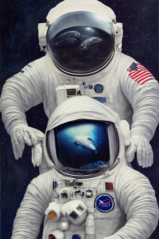 Image similar to whale shaped astronaut suit, whale, oil on canvas, intricate, portrait, 8 k highly professionally detailed, hdr, cgsociety