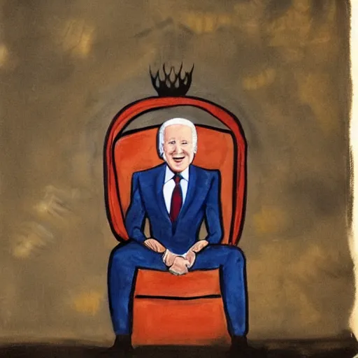 Prompt: evil joe biden on a dark throne, traditional painting