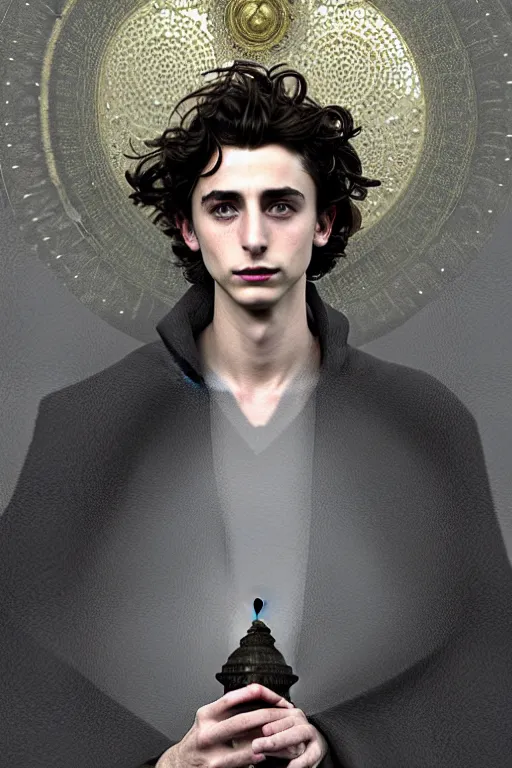 Image similar to portrait of timothee chalamet as dream of the endless, the sandman, grey clothes, in persian temple wet night, sci - fi and fantasy, intricate and very very beautiful and elegant, highly detailed, digital painting, artstation, concept art, smooth and sharp focus, illustration, art by tian zi and wlop and alphonse mucha